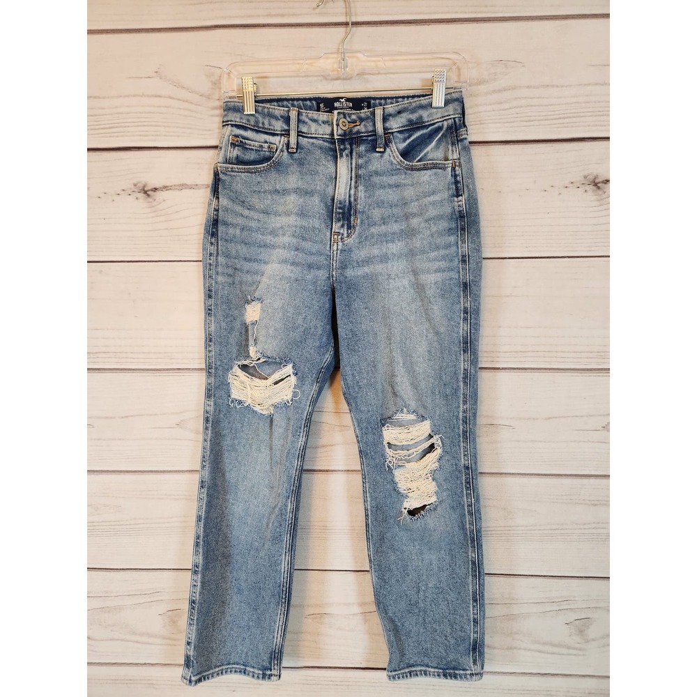 Hollister Womens Blue Stretch High Rise Distressed Vintage Ankle Mom Jeans Sz 27